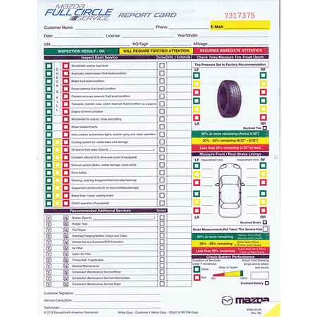 ASP Mazda Multi-Point Inspection Form, 8 1/2" X 11"-2 Part, 250 Per Pk Pk 7294-01